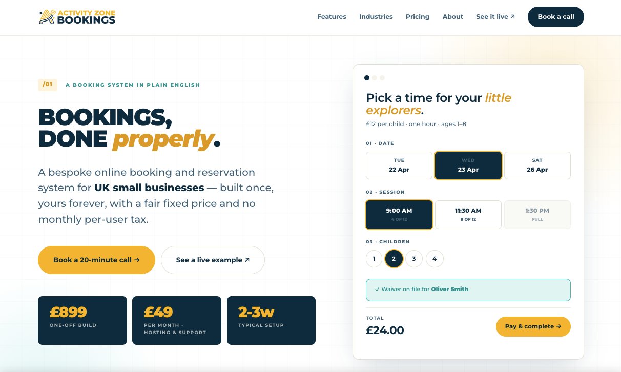 Activity Zone Bookings online reservation system by Jabu Designs