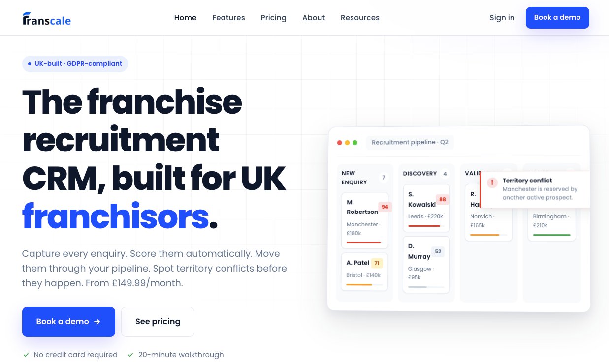 Franscale franchise recruitment CRM dashboard designed and developed by Jabu Designs