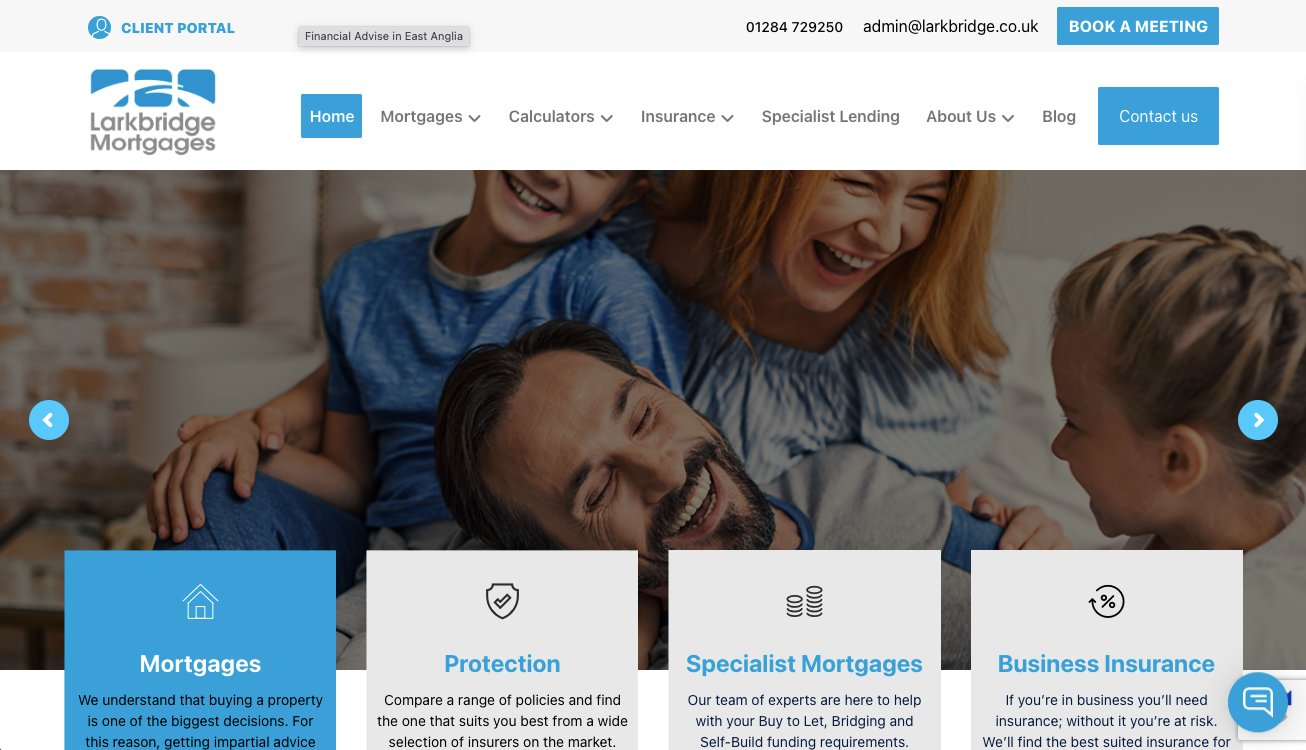 Larkbridge Mortgages broker website designed by Jabu Designs
