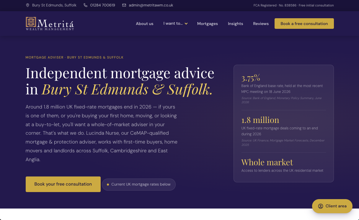 Metrit&aacute; Wealth Management mortgage adviser website by Jabu Designs