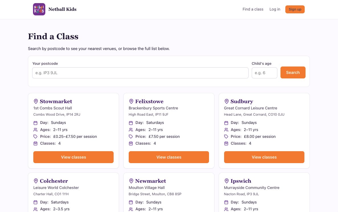 Netball Kids Booking System &mdash; Find a Class page with postcode and age search designed by Jabu Designs