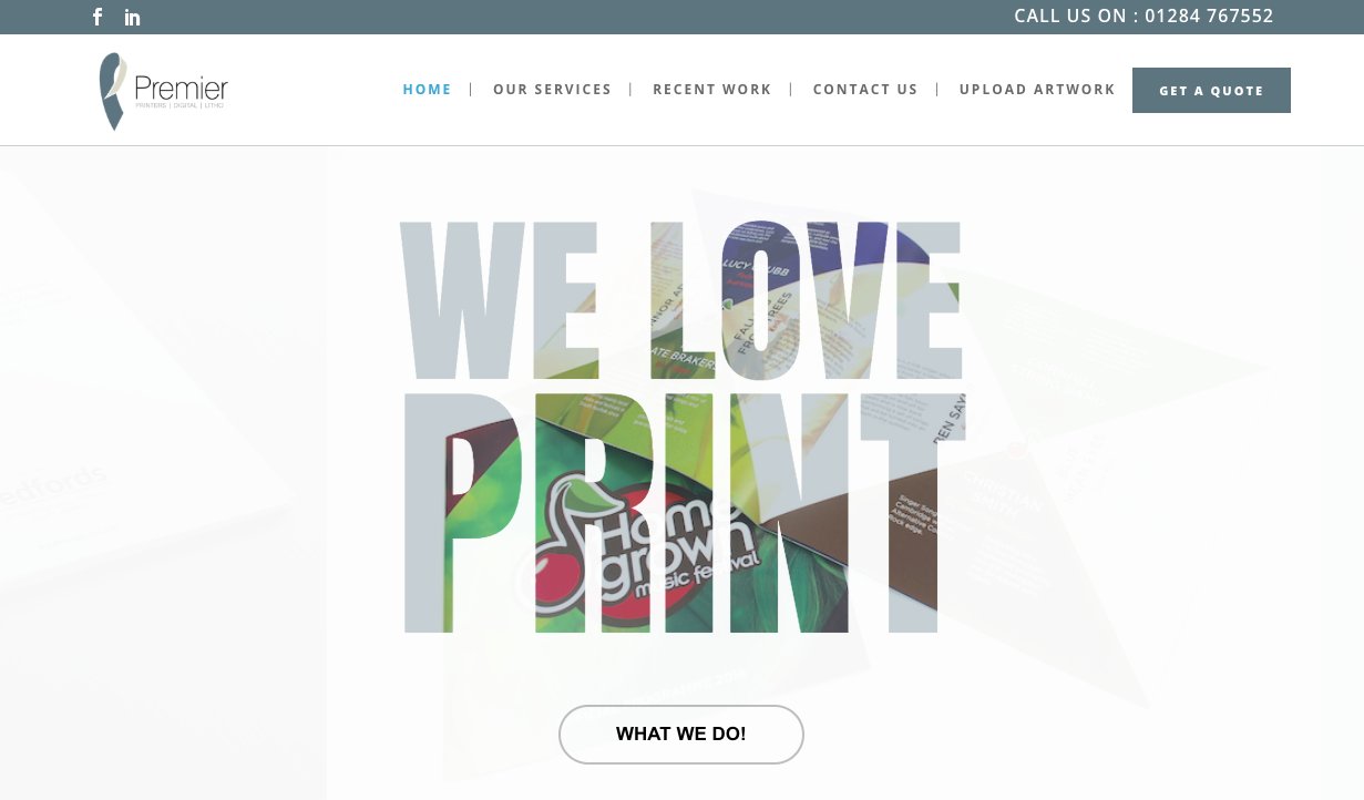 Premier Printers website homepage designed by Jabu Designs in Bury St Edmunds