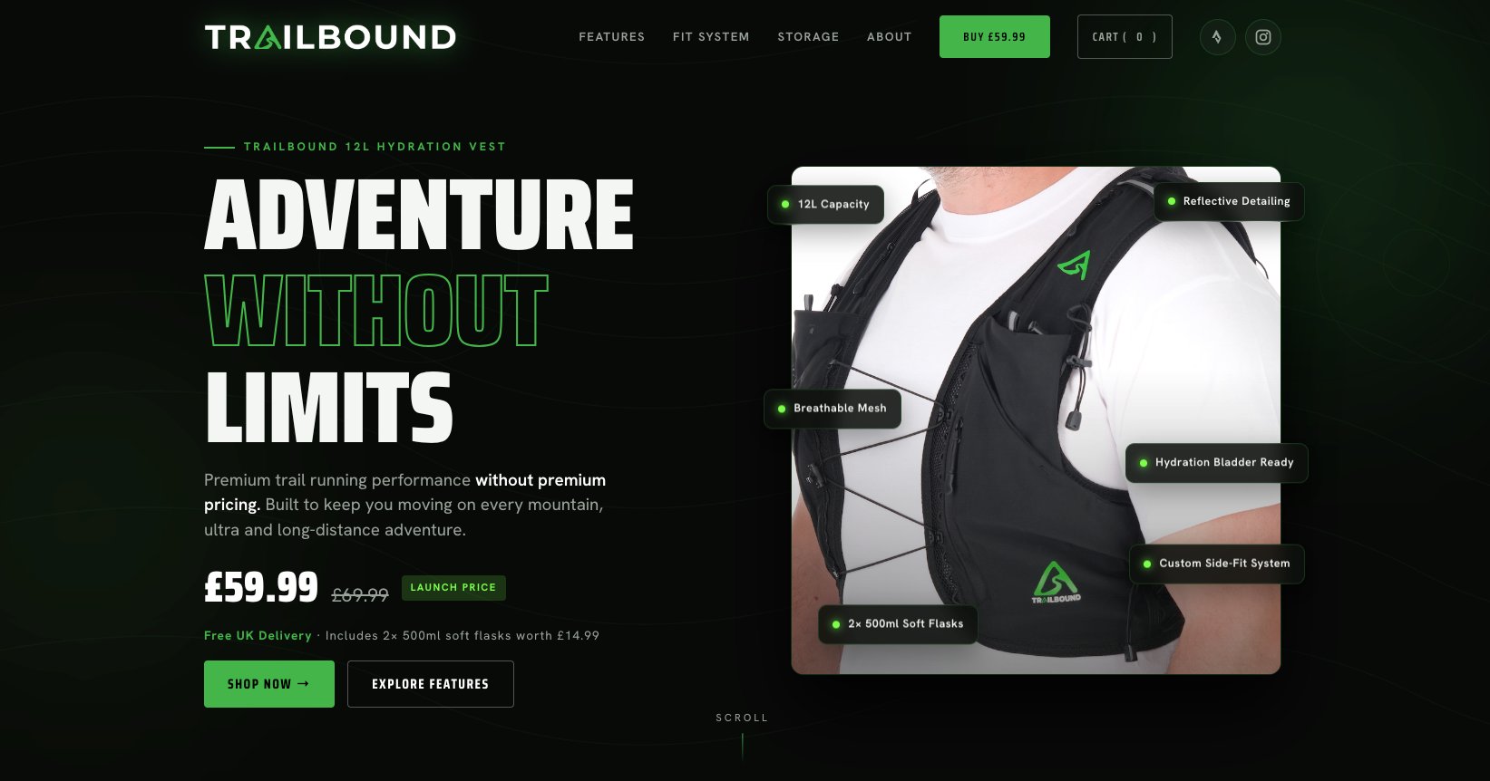 Trailbound trail running hydration vest website and eCommerce store by Jabu Designs